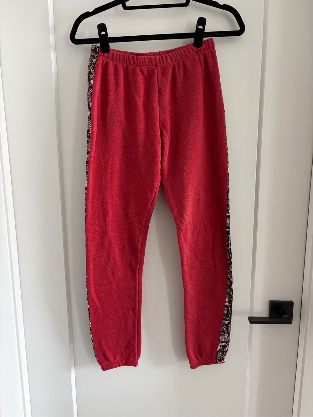 Wildfox Red Fleece Joggers with Patterned Side Stripe